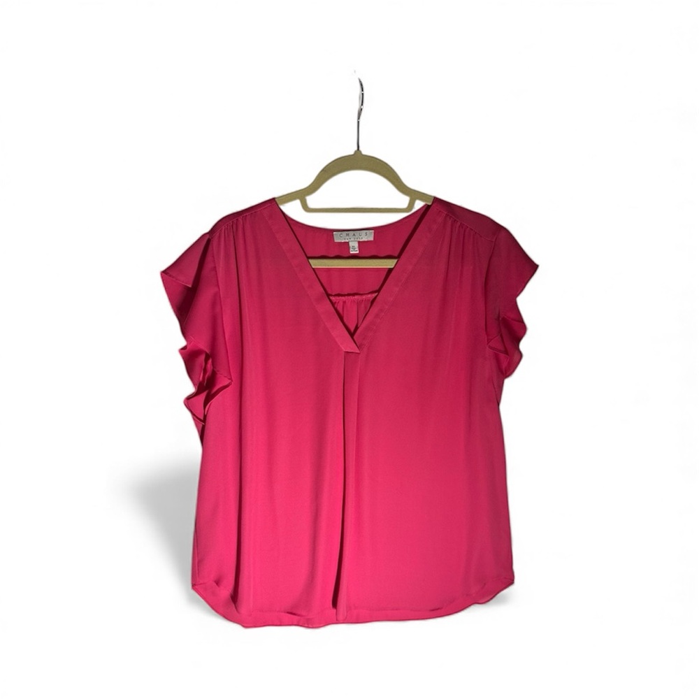 Fuchsia V-Neck Ruffle Sleeve Blouse